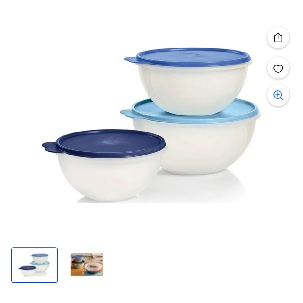 Tupperware  wondelier vintage White Mixing Bowls with Blue Lids - Set of 3